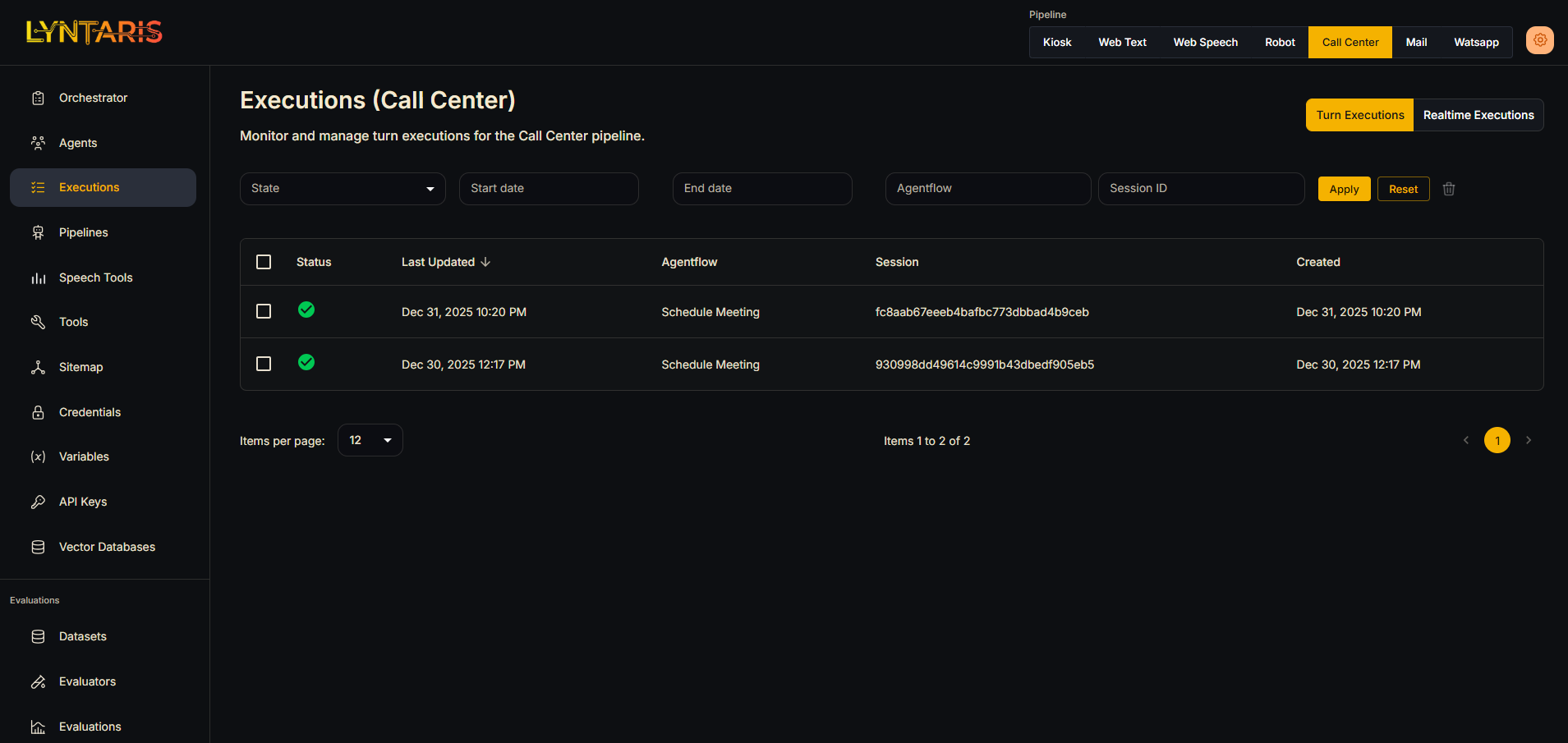 Turn executions list
